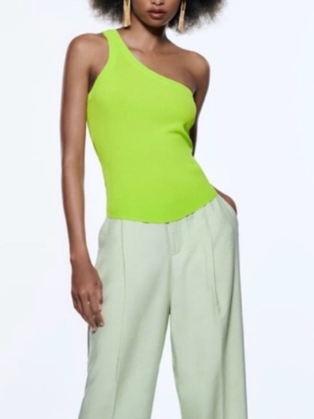 Zara Neon Lime One-Shoulder Ribbed Tank